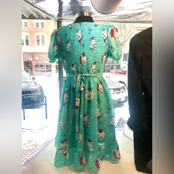 Sourpuss Christmas Kitties Women’s Cream Puff Dress Ice Blue New - Picture 6 of 11